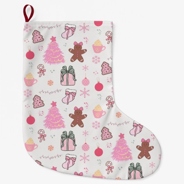 Grande Chaussette De Noël Motif de Noël rose (Devant)
