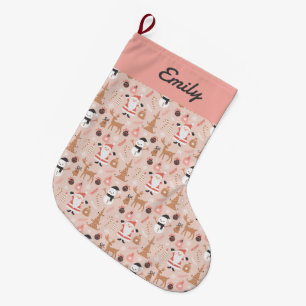 Grande Chaussette De Noël Motif de Noël rose mignon avec Père Noël