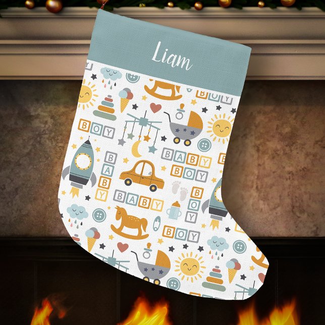 Grande Chaussette De Noël Motif de voiture de bébé mignonne avec nom (Créateur téléchargé)
