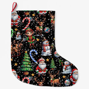 Grande Chaussette De Noël Motif décoratif de Noël sur fond noir