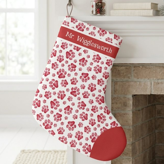 Grande Chaussette De Noël Motif d'empreinte de patte à l'aquarelle rouge (Red watercolor paw print Christmas stocking — festive holiday gift idea for an animal lover.)