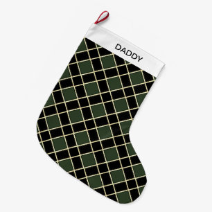 Grande Chaussette De Noël Motif diamant noir et vert élégant
