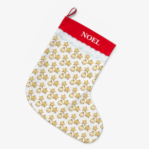 Grande Chaussette De Noël Motif d'or de Noël en blanc et rouge