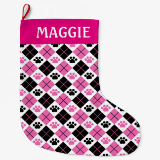 Grande Chaussette De Noël Motif Empreinte de patte Jacquard rose et noir