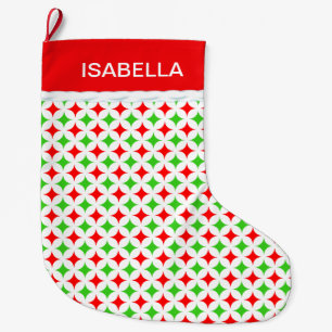 Grande Chaussette De Noël Motif étoile diamant Vert & Rouge sur fond Blanc
