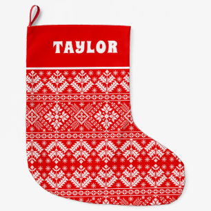 Grande Chaussette De Noël Motif Fair Isle de Noël rouge et blanc