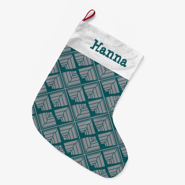 Grande Chaussette De Noël Motif feuille carré Turquoise neutre (Devant (Accrochage))