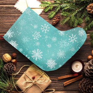 Grande Chaussette De Noël Motif Flocons de Neige Bleu Turquoise Doux Gel Hiv
