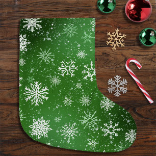 Grande Chaussette De Noël Motif Flocons de Neige Verts Fête d'Hiver