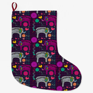 Grande Chaussette De Noël Motif floral coloré mignon d'éléphant de coeurs