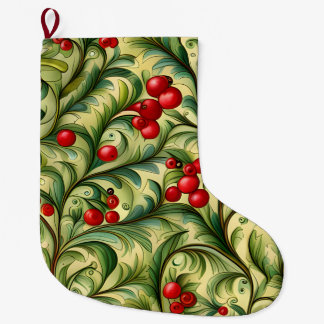 Grande Chaussette De Noël Motif floral de Noël avec des baies rouges