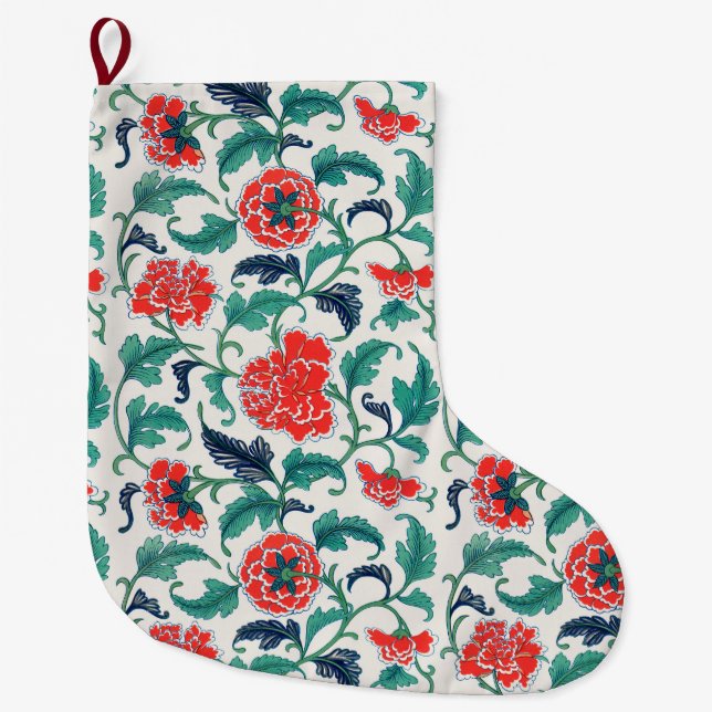 Grande Chaussette De Noël Motif floral rouge et vert (Devant)