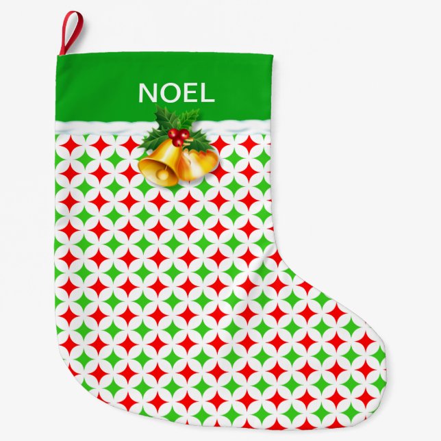 Grande Chaussette De Noël Motif Green & Red Diamond Star sur White Large Ch (Devant)