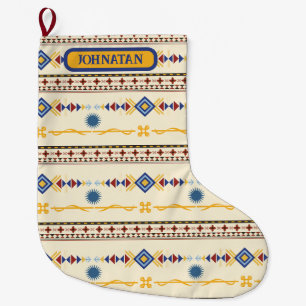 Grande Chaussette De Noël Motif inspiré des Amérindiens en rouge, bleu et or