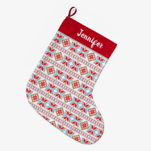 Grande Chaussette De Noël Motif moderne bleu rouge nordique