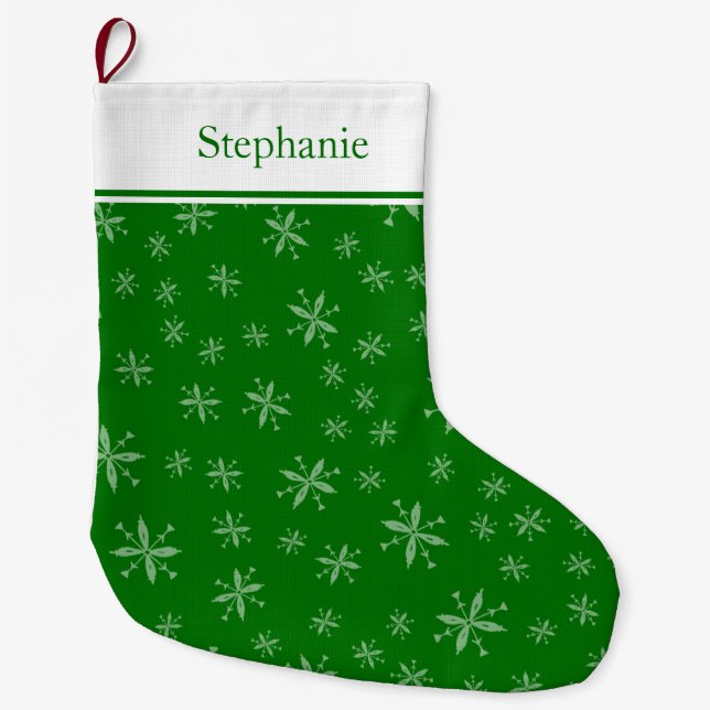 Grande Chaussette De Noël Motif moderne Snowflake Monogramme Vert (Devant)