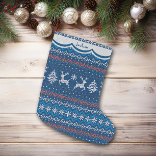 Grande Chaussette De Noël Motif nordique de Reindeer Blue