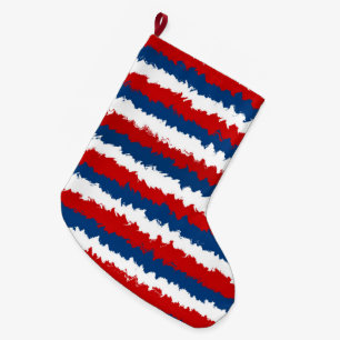 Grande Chaussette De Noël Motif rayé rouge blanc bleu