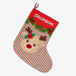 Grande Chaussette De Noël Motif rayure Noël rétro & Renne Personnalisé