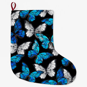Grande Chaussette De Noël Motif sans couleur foncée avec papillons bleus Mor