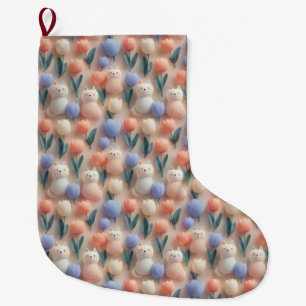 Grande Chaussette De Noël Motif sans couture de chat et de tulipe 3D fantais