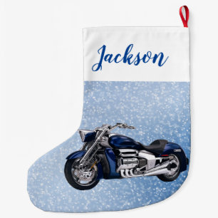 Grande Chaussette De Noël Moto bleue et neige