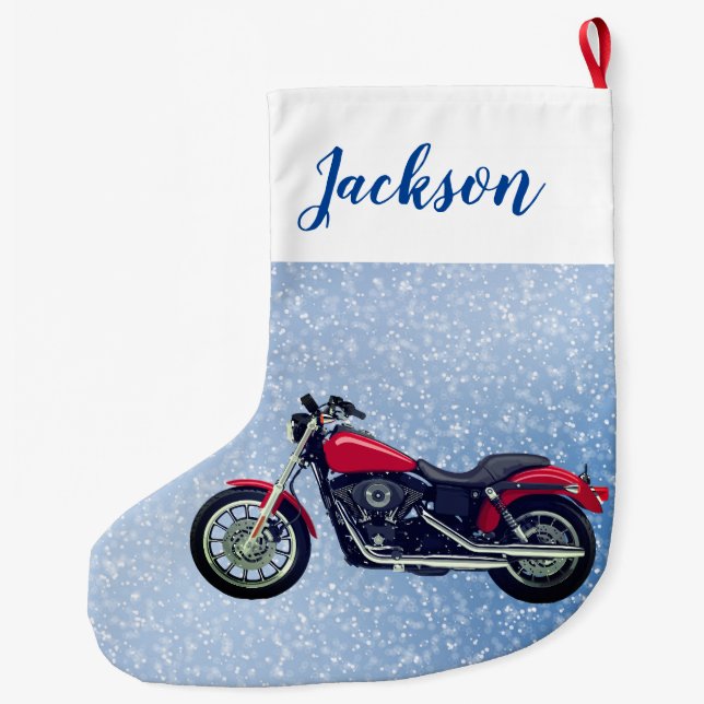 Grande Chaussette De Noël Moto rouge et neige (Dos)