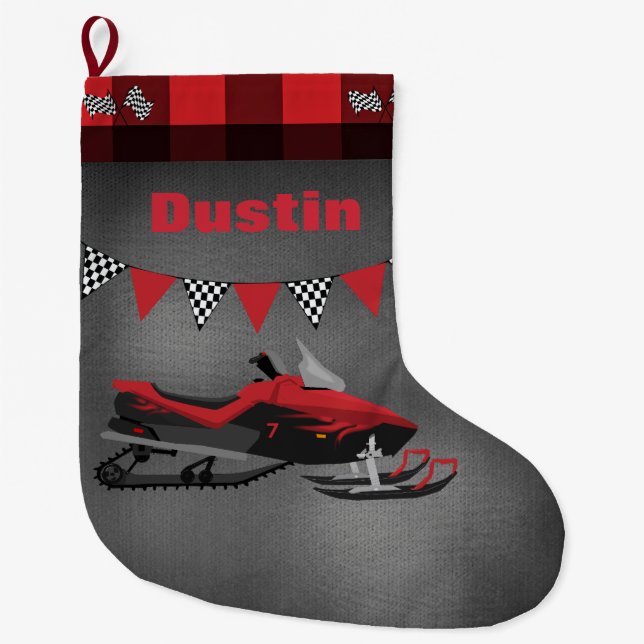 Grande Chaussette De Noël Motoneige avec drapeaux à damier (Devant)