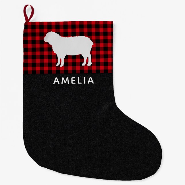 Grande Chaussette De Noël Moutons plaqués de bison rouge et noir Personnalis (Devant)