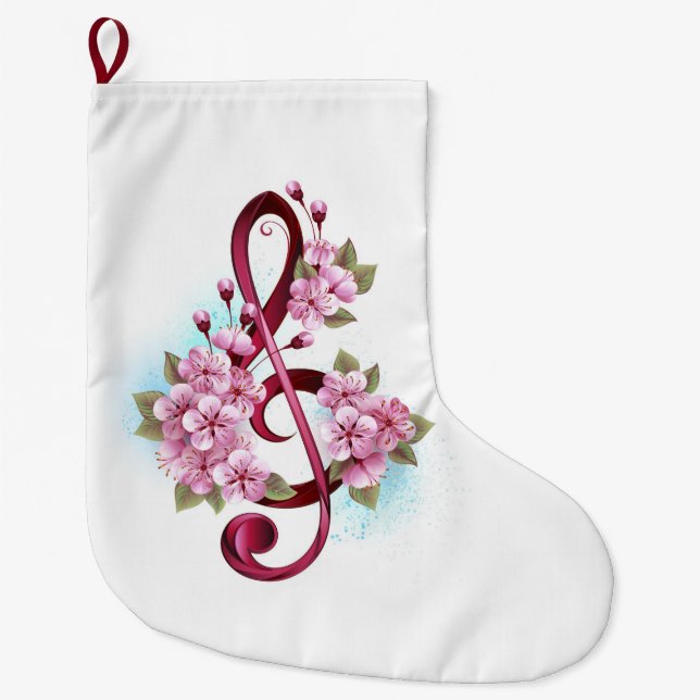 Grande Chaussette De Noël Musical treble clef notes with sakura flowers (Devant)