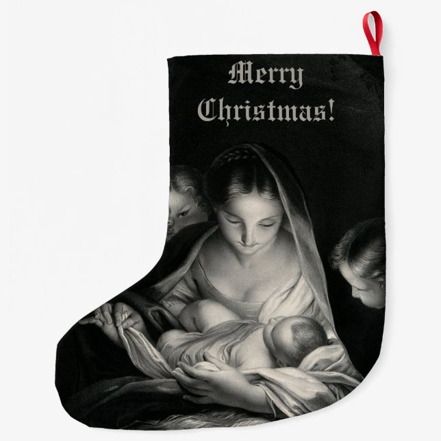 Grande Chaussette De Noël Nativity Baby Jésus Virgin Mary Angels Black White (Dos)