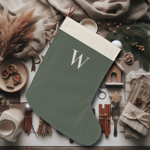 Grande Chaussette De Noël Neutral Christmas Farmhouse Moss Green Monogramme