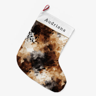 Grande Chaussette De Noël Noël Animal Imprimé Léopard Noir Crème Marron
