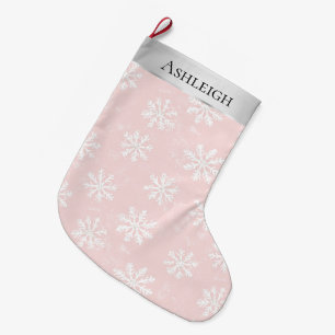Grande Chaussette De Noël Noël aux flocons blancs rose argent