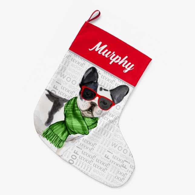 Grande Chaussette De Noël Noël Boston Terrier avec le nom du chien (Devant (Accrochage))