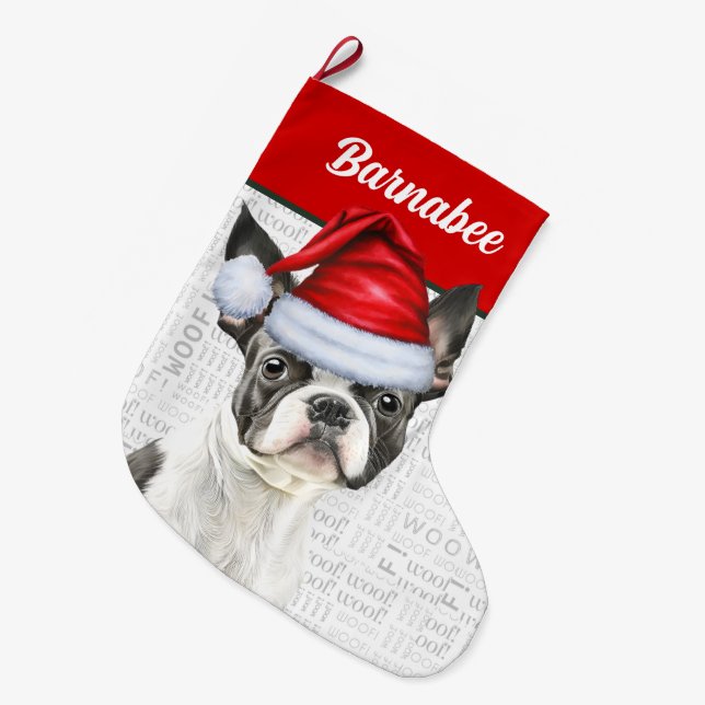 Grande Chaussette De Noël Noël Boston Terrier Nom Woof Arrière - plan (Devant (Accrochage))