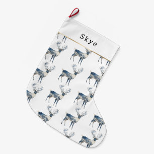 Grande Chaussette De Noël Noël Cerf Blanc Bleu Nordique