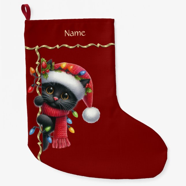 Grande Chaussette De Noël Noël Chat Noir Vacances Stocker (Devant)