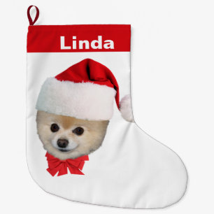 Grande Chaussette De Noël Noël, Chien de Poméranie, Santa Hat, Nom