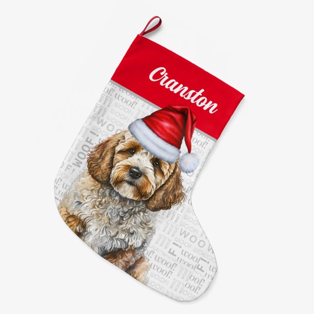 Grande Chaussette De Noël Noël Cockapo Père Noël avec le nom du chien (Devant (Accrochage))