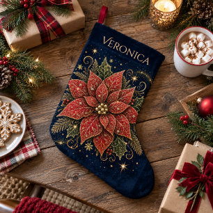 Grande Chaussette De Noël Noël dans les Étoiles Poinsettia
