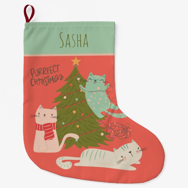 Grande Chaussette De Noël Noël de chat personnalisé (Devant)