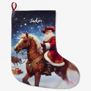 Grande Chaussette De Noël Noël du Père Noël occidental à cheval