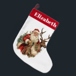 Grande Chaussette De Noël Noël du Père Noël rétro à cheval<br><div class="desc">Récipiendaire de Noël personnalisé avec un nom. Conçu avec une illustration de Noël amusante. Le Père Noël dans son costume rouge traditionnel chevauchant un grand renne en berger décoré de saint. Un sapin de Noël à l'arrière.</div>