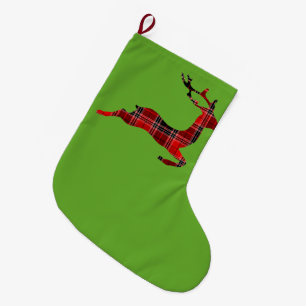 Grande Chaussette De Noël Noël écossais aux rennes de Tartan rouge