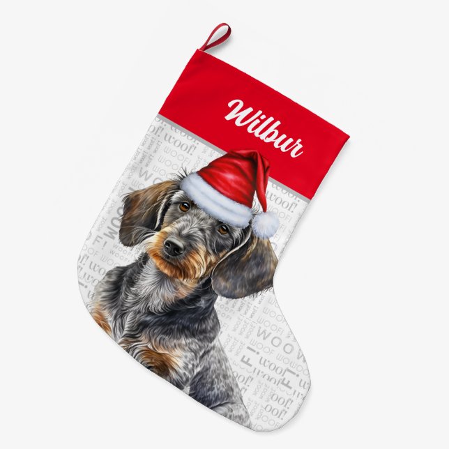 Grande Chaussette De Noël Noël fil cheveux Dachshund Père Noël Nom du chien (Devant (Accrochage))