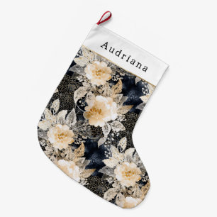 Grande Chaussette De Noël Noël Fleur Florale Noire Crème de Pêche