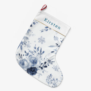 Grande Chaussette De Noël Noël Floral Blanc Bleu