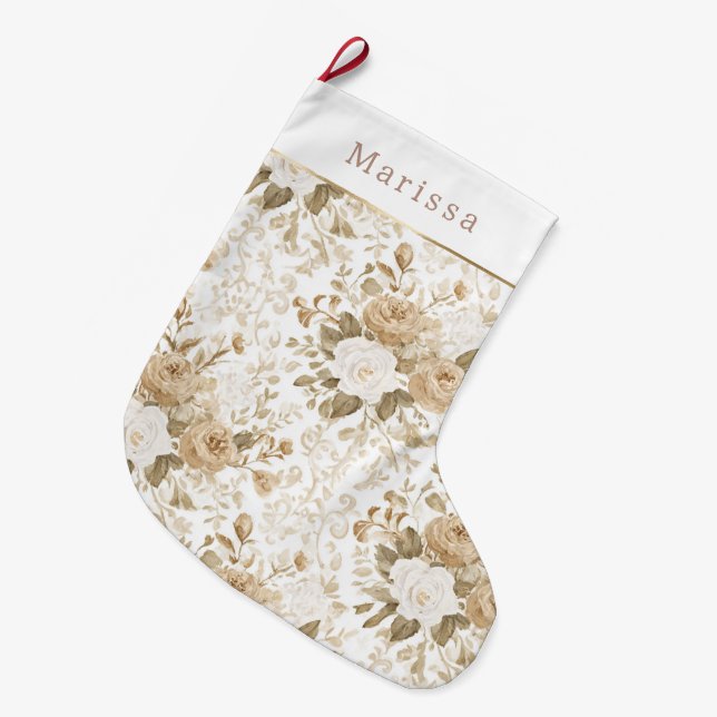 Grande Chaussette De Noël Noël floral blanc crème   (Devant (Accrochage))