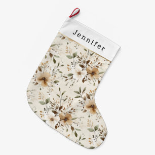 Grande Chaussette De Noël Noël floral marron blanc crème